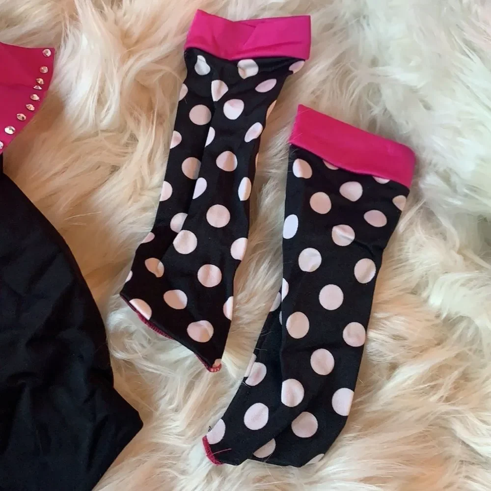 Custom made Jazz Polka Dot Black and Pink dance costume with swarovski crystals.